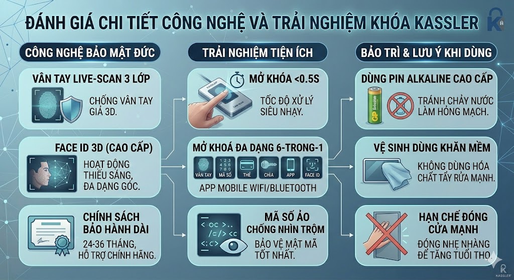 đánh giá chi tiết công nghệ vân tay live-scan siêu nhạy <0.5s trải nghiệm mở khóa 6-trong-1 và hướng dẫn bảo trì khóa Kassler chính hãng