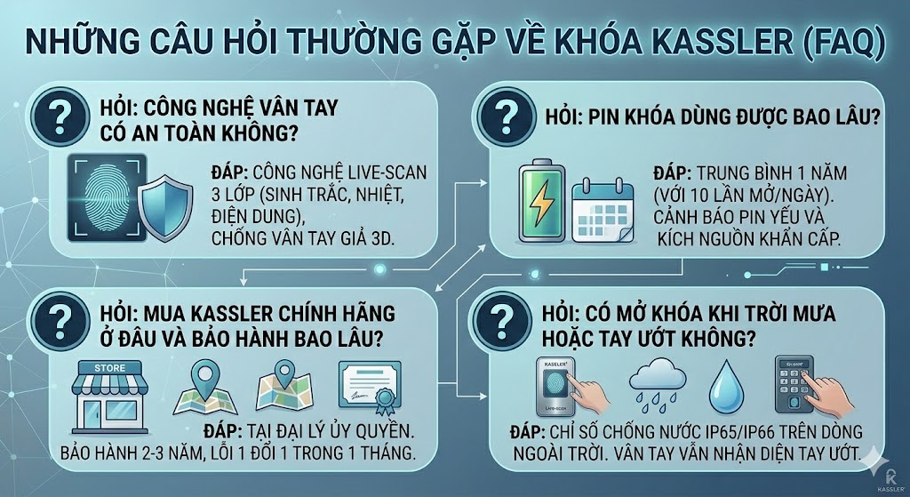 bảng giải đáp những câu hỏi thường gặp FAQ về khóa vân tay Kassler chính hãng