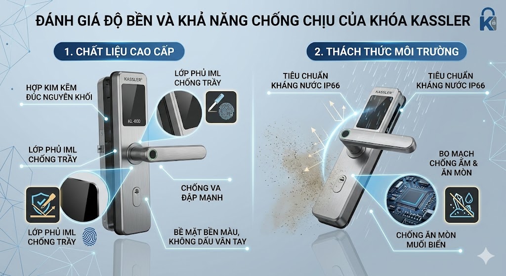 đánh giá độ bền chất liệu hợp kim kẽm đúc nguyên khối khóa vân tay Kassler và khả năng chống nước IP66
